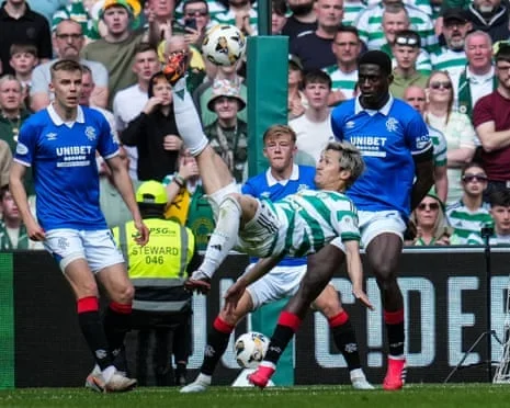 Rangers defenders look on as Daizen Maeda executes his overhead kick