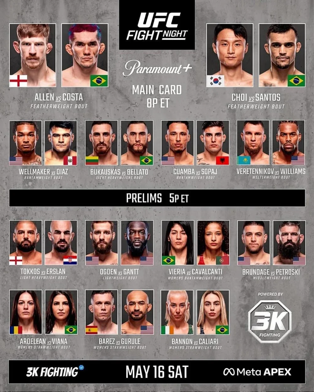Cartelera del UFC Fight Night de este sábado.